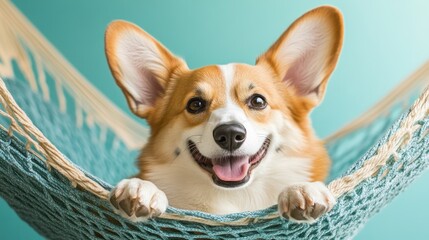 Happy corgi dog relaxing in a teal hammock against a turquoise background.