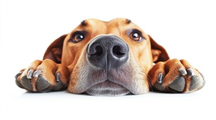 Obraz premium Close-up of a dog's face resting on a white surface, paws visible.