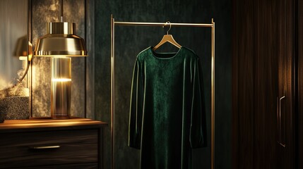 Naklejka premium Dark green velvet dress on hanger in luxury bedroom.