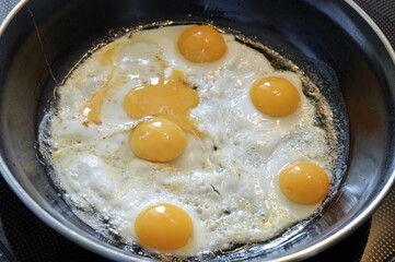 Quail eggs being fried in a pan