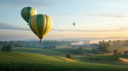 Fototapeta premium Hot air balloons floating over green countryside at sunrise. Scenic travel and adventure concept in peaceful rural landscape.