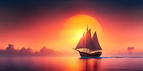 Fototapeta premium A silhouette of a ship sailing on the water against a vibrant sunset with shades of orange, pink, and purple. Concept Sunset Silhouette, Ship at Sea, Vibrant Colors, Orange Pink Purple