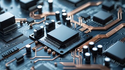 Abstract circuitry technology of electronic computer hardware on a background of circuit board.