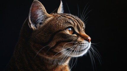 Close-up profile of a tabby cat against a black background.