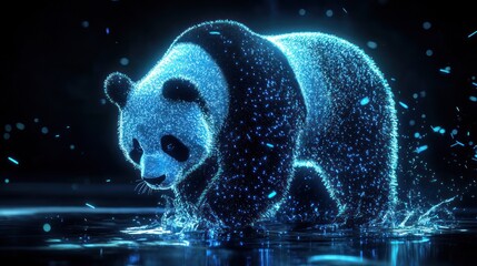 Fototapeta premium Glowing panda bear walking in water, digital art.