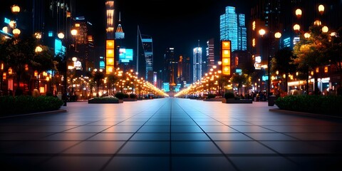 A vibrant city street at night, illuminated by glowing streetlights and surrounded by modern skyscrapers. Concept Urban Nightlife, Cityscape Photography, Skyscraper Illumination, Streetlight Glow