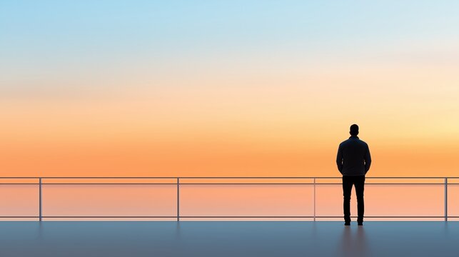 Man standing on a balcony overlooking a serene sunset with a gradient sky. introspection and peaceful living