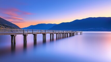 Wooden pier extending into a calm lake during a colorful sunset, surrounded by mountains. Scenic travel and nature concept.
