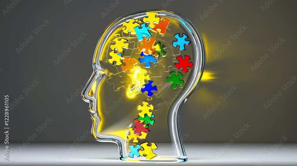 Aufkleber a dynamic sequence of puzzle pieces assembling inside a silhouette, reflecting logical thought, plan