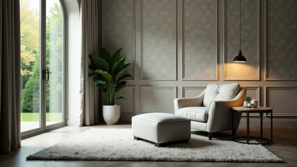 Serene Living Room with Plush Armchair and Ottoman, Soft Rug, and Natural Light Streaming Through French Doors
