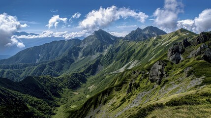 Naklejka premium A panoramic view of lush green mountains under a bright blue sky with scattered clouds, AI generated