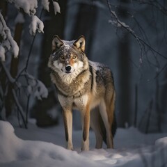 Fototapeta premium Wolf (Canis lupus) is the largest carnivore of the canine family (Canidae), in natural environment, AI generated