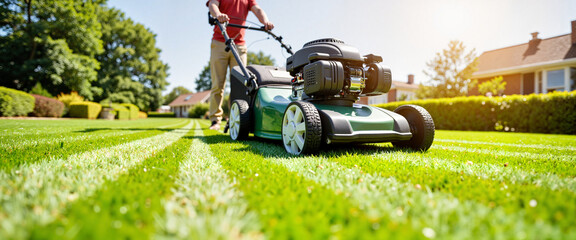 Person mowing dense grass with a push mower in sunny garden, outdoor maintenance