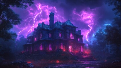 Obraz premium A Purple Haunted Mansion in the woods by Lightning in a Stormy Sky