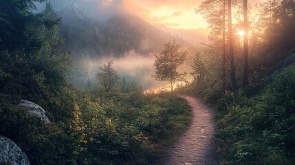 Misty mountain path at sunset, winding trail through lush forest, sun rays illuminating fog.