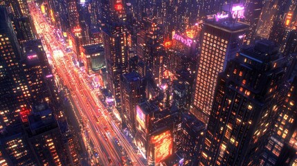 Fototapeta premium Night Lights of Metropolis, An Aerial View of a Vibrant Cityscape at Night