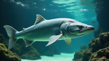 Fototapeta premium A large, sleek aquatic creature gracefully glides through the crystal-clear water, its fins elegantly extended, showcasing its powerful and streamlined form.