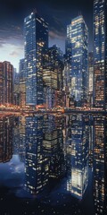 A breathtaking view of a modern city skyline at night, with skyscrapers beautifully reflected in the water.
