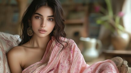 Exotic beauty in a pink sari with gold earrings, set in a romantic, culturally rich environment with soft lighting and an ornate background, AI generated