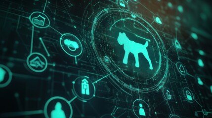Digital dog icon in futuristic network.