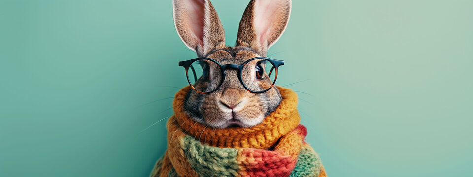 Stylish rabbit wearing colorful scarf and glasses on a pastel green background perfect for promoting fun events