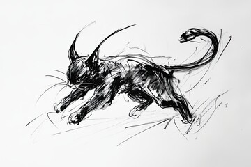 ink drawing of a kitten blends traditional Chinese artistry with modern minimalism, emphasizing the creature's playful nature and soft fur.