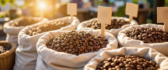 Organic coffee beans spilling from sacks at outdoor market, morning warmth