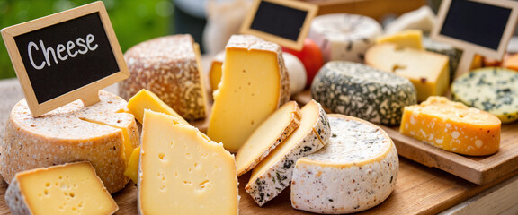 Variety of mountain cheeses displayed at farmers market, local produce