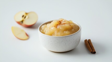 A minimalist bowl of freshly made apple compote, served in a plain white ceramic bowl with a light sprinkle of cinnamon, Compote centered