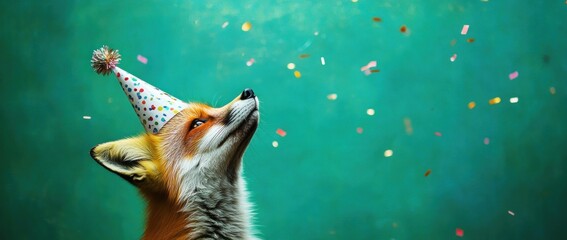 Festive red fox wearing a party hat amidst confetti.