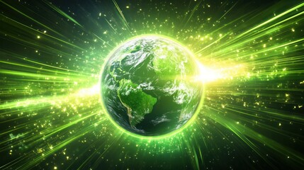 Obraz premium A vibrant news background featuring a 3D Earth globe surrounded by bright green belt lines and dynamic light effects.