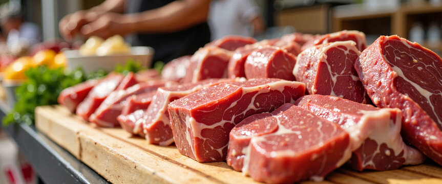 Neatly arranged farm-to-table meat cuts on wooden board, local market