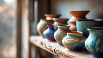 Colorful handmade pottery displayed on a wooden shelf with natural lighting.