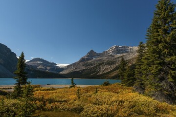 Glacial lake Bow Lake, behind Bow Glacier, Banff National Park, Canadian Rockies, Alberta Province, Canada, North America