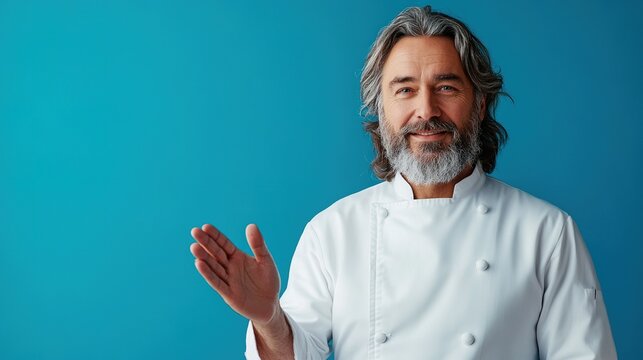 Smiling mature chef gesturing against blue background.