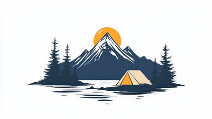 Scenic Mountain Landscape with Tent and Sunset Reflection