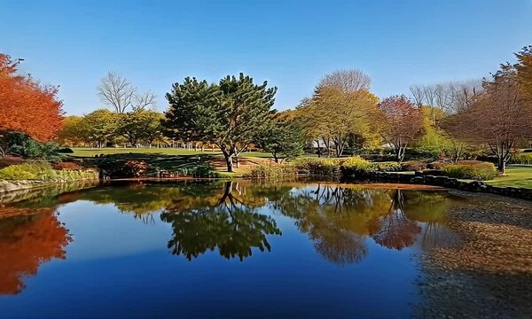 Autumn park pond reflection, people walking, clear sky