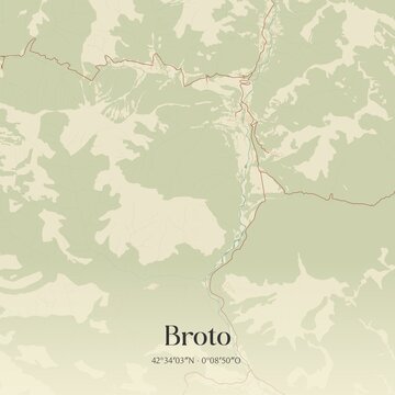 Retro Spanish map of Broto, Arag�n. Vintage street map.