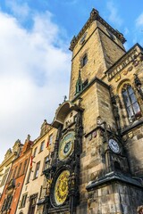 Obraz premium Astronomical clock on Town Hall Tower, Old Town Hall, Old Town Square, historic centre, Prague, Bohemia, Czech Republic, Europe