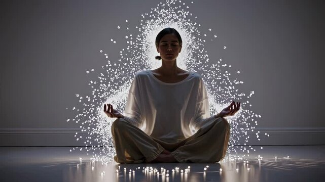 A meditative moment of a person sitting cross-legged in a calm environment, with soft light and glowing particles surrounding them, symbolizing mindfulness and clarity.
