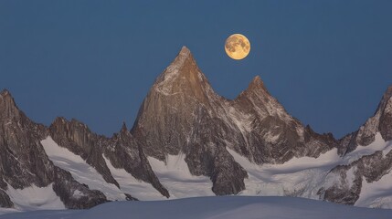 Majestic mountain peaks under a full moon illuminating the serene snowy landscape at dusk