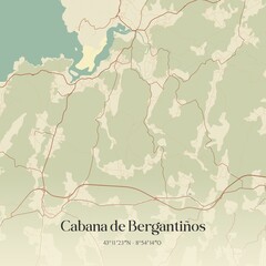 Retro Spanish map of Cabana de Berganti�os, Galicia. Vintage street map.
