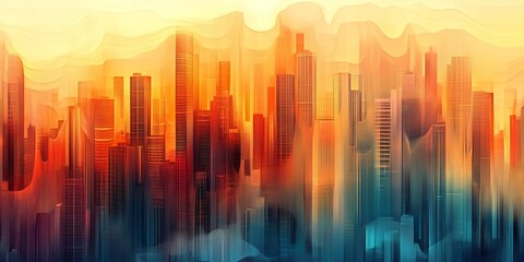 Fototapeta premium A stunning abstract cityscape featuring modern skyscrapers with vibrant colors, capturing the essence of a futuristic urban sunset.