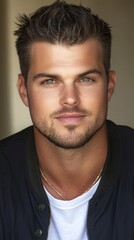 Fototapeta premium Portrait of a Handsome Man with Green Eyes and a Short Hairstyle, Wearing a Dark Jacket and White T-Shirt.