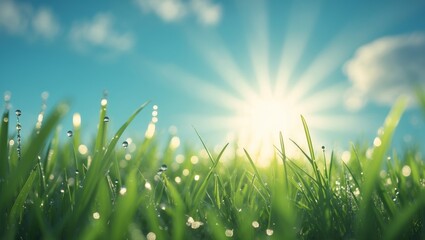 Fototapeta premium Natural Spring Garden with Fresh Green Grass Glistening in Sunlight and Radiant Blue Sky