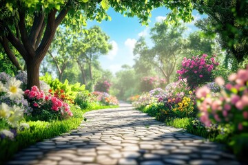 Fototapeta premium Serene garden pathway with vibrant flowers and lush trees