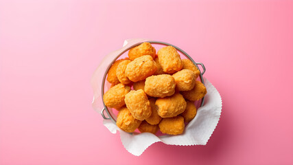Bucket with yummy nuggets on pink background, top view. Space for text. Generative AI