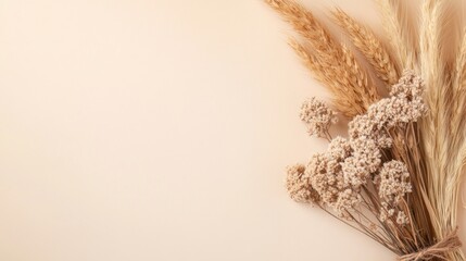 Dried flowers and wheat stalks on beige background.