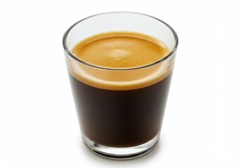A glass cup filled with dark rich espresso topped with a layer of golden crema isolated on a white background