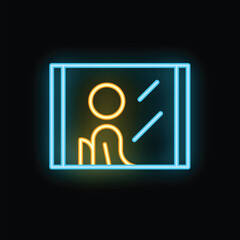 Yellow and blue neon sign on a black background depicting a figure riding an elevator